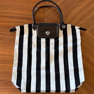 Brighton Black & White Striped Tote Bag with Heart Charm Leather handles
